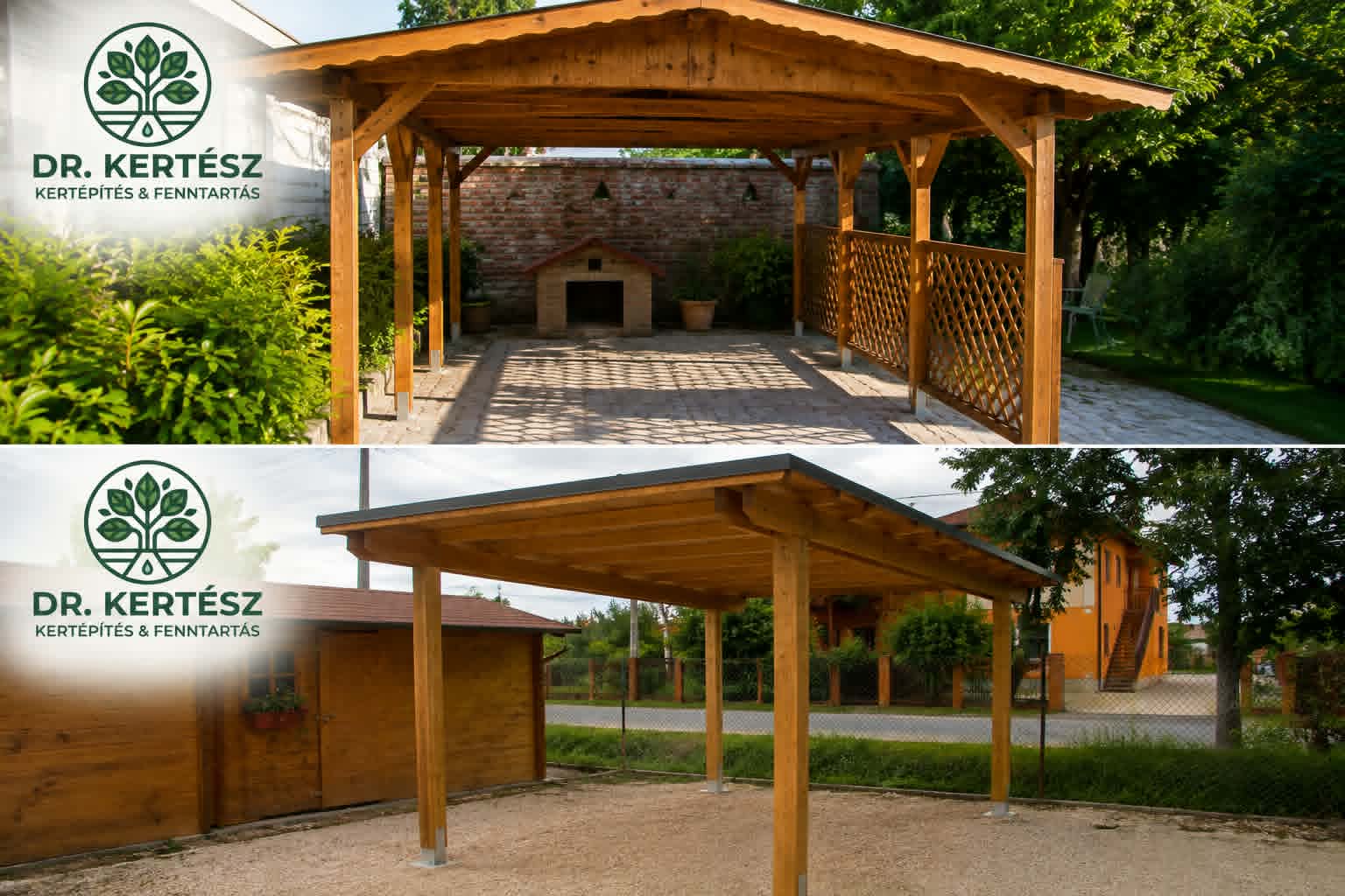 Fedett fa pergola és kerti beálló masszív oszlopokkal