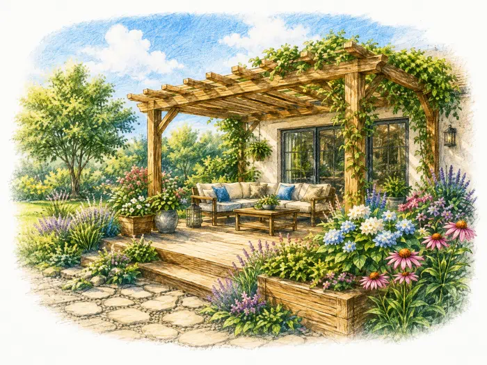 Fa pergola építés teraszhoz és kerti pihenőhöz